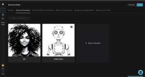 Character design and customization interface in Shai for AI storyboard generation